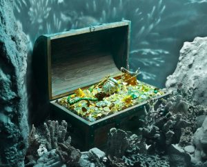 Treasure chest full of gold under the sea